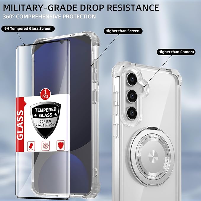 for Samsung Galaxy S24 FE Case Magnetic Compatible with MagSafe,with 2 Screen Protector,Built-in Camera Cover+Stand Ring,Military Grade Drop Shockproof Heavy Duty Protection Phone Bumper Clear