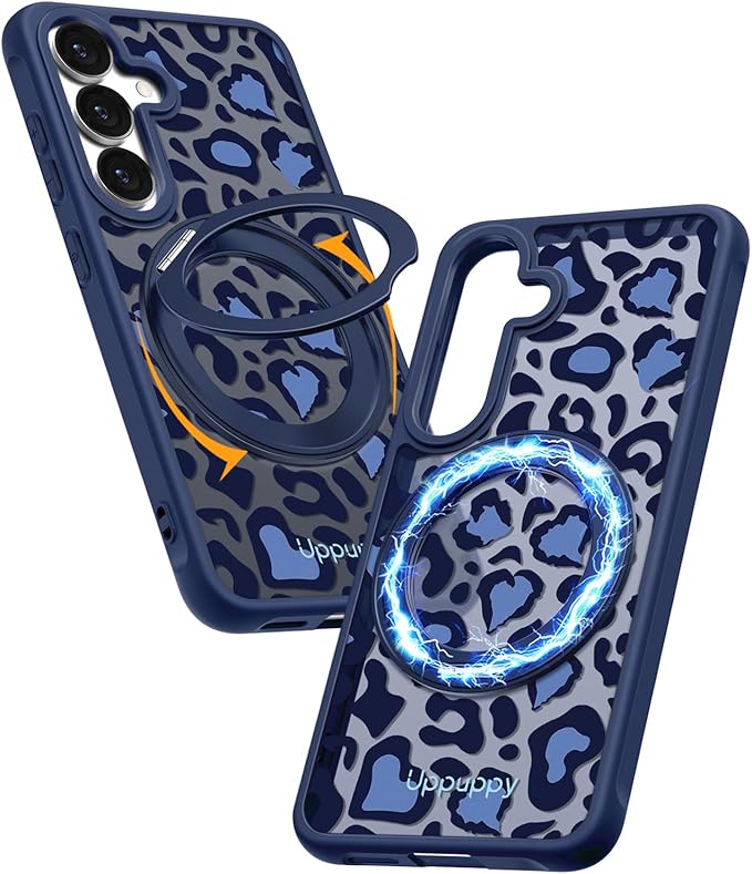 for Samsung Galaxy S25 Case with 360° Rotatable Magnetic Ring - Compatible with MagSafe, Semi-Transparent Soft-Touch Material Shockproof, Cute Blue Cheetah Print Design for Women Girl
