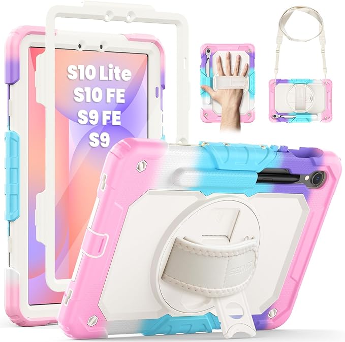SEYMAC Case for Samsung Galaxy Tab S10 Lite/ S10 FE/ S9 FE/ S9 5G (10.9''/11''), Heavy Duty Shockproof Protective Case with Screen Protector, Rotating Stand, Hand Strap and Pen Holder, Pink