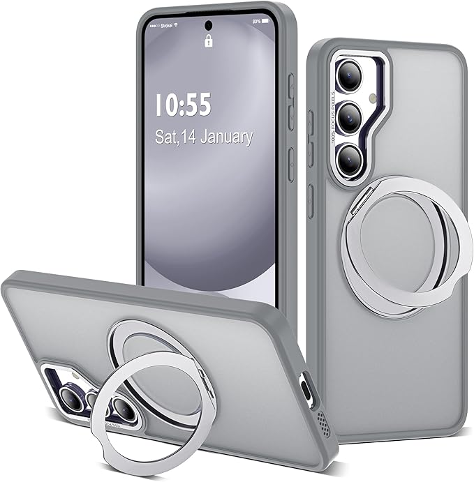 for Samsung Galaxy S24 FE Case with 360° Rotatable Magnetic Ring Stand Compatible with Mag-Safe Military Protection Shockproof Matte Translucent Phone Cases for S24 FE,Gray