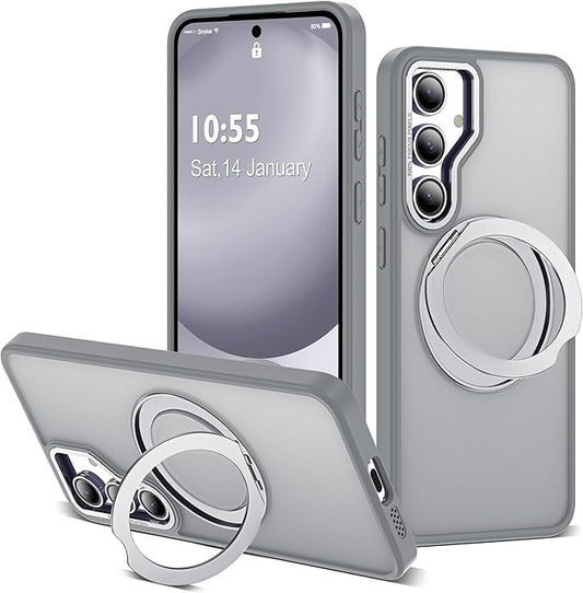 for Samsung Galaxy S24 FE Case with 360° Rotatable Magnetic Ring Stand Compatible with Mag-Safe Military Protection Shockproof Matte Translucent Phone Cases for S24 FE,Gray