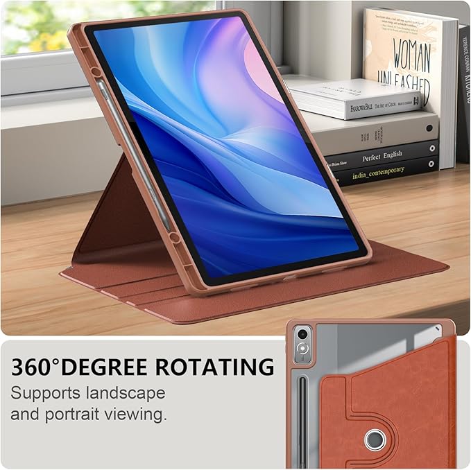 Case for Lenovo Tab P12 12.7 Inch 2023 Tablet,360° Rotating Transparent Back Shell Protective Case with Auto Wake/Sleep Function,Brown