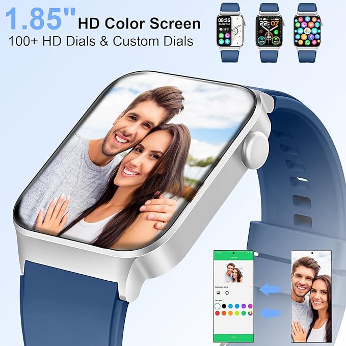 Smart Watch for Men Women (Answer/Make Calls), 1.85" HD Fitness Smartwatch 2025, 113+ Sports Modes, Heart Rate/Sleep/Spo2 Monitor, IP68 Waterproof Step Counter, Activity Tracker for Android iOS, Blue