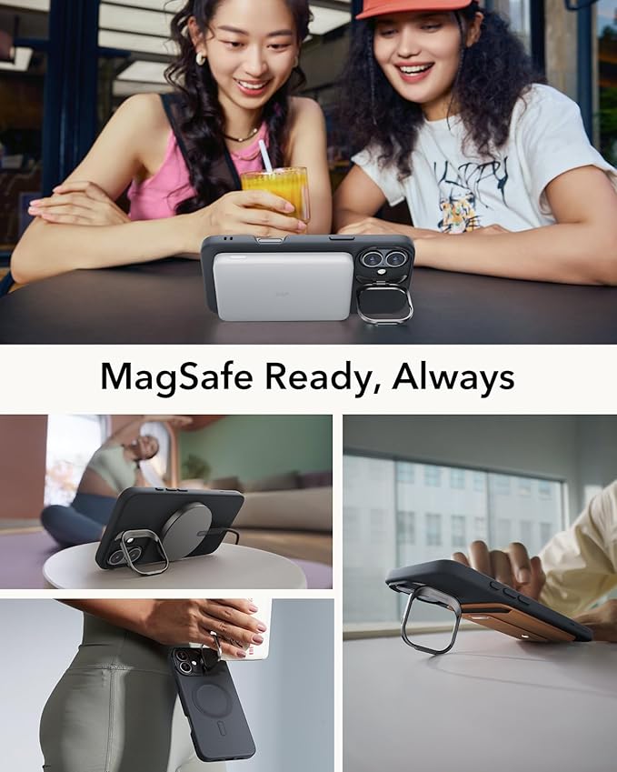 ESR for iPhone 16 Case, Silicone Case with Stand, Compatible with, Military-Grade Protection, Built-in Camera Stash Stand, Magnetic Phone Case for iPhone 16, Cloud Series, Black