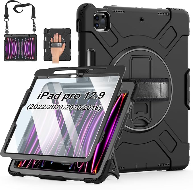 Case for iPad Pro 12.9 2022/2021/ 2020/2018: Cover for iPad Pro 12.9 6th/ 5th/ 4th/ 3rd Generation with Screen Protector- Stand- Pencil Holder- Handle- Shoulder Strap Black
