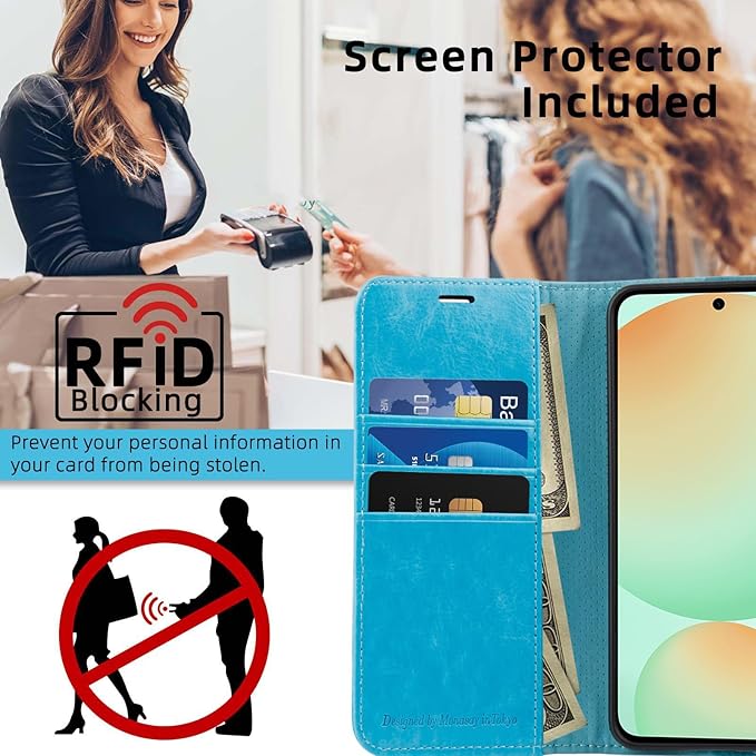 MONASAY Wallet Case Fit for Samsung Galaxy S24 FE 6.1 inch 5G,[RFID Blocking] Flip Folio Leather Cell Phone Cover with Credit Card Holder, Light Blue