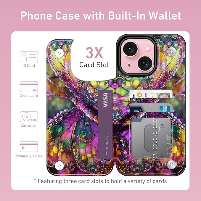FUNMIKO for iPhone 13 Wallet Case with Card Holder, RFID-Blocking, Military-Grade Protection & UV-Printed Artwork, Magnetic Closure with Leather Kickstand - Vibrant Elegant Butterfly