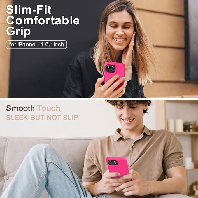 Vooii Compatible with iPhone 14 Case,[Silky Touch Premium Liquid Silicone] [Soft Anti-Scratch Microfiber Lining], Ultra Slim Shockproof Protective Case for iPhone 14 - Hot Pink