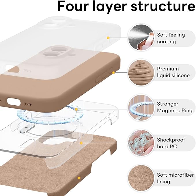 Vooii Magnetic Compatible with iPhone 17 Case (Compatible with Magsafe) (Upgraded Camera Protection) Liquid Silicone Shockproof Full Body Protective Phone Cover for Women Men, Light Brown, 6.3"