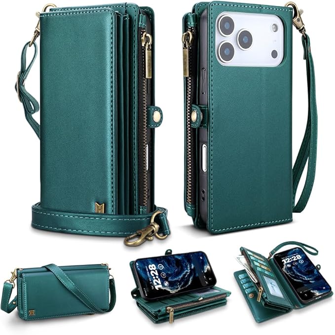 for iPhone 17 Pro Max Wallet Phone Case with 8 Card Holder,RFID Blocking | PU Leather | Kickstand | Flip | Wrist Strap&Shoulder Strap | Shockproof | Zipper Wallet | Women Men | 6.9" | Green