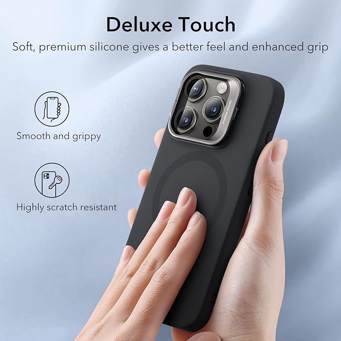 ESR for iPhone 15 Pro Case, MagSafe Silicone Case with Stand, Military-Grade Protection, Built-in Camera Stash Stand, Magnetic Phone Case for iPhone 15 Pro, Cloud Series,Black