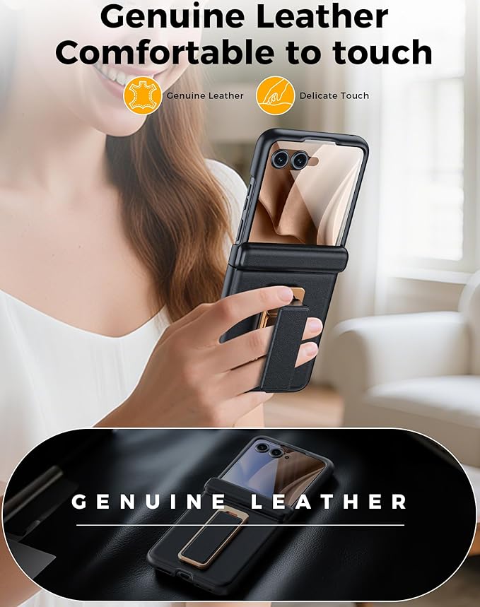 for Motorola Razr+ Plus 2025 Case/Razr+ Plus 2024 Case, Built-in Screen Protector & Hinge Protection & 360° Spin Stand & Hand Strap, Slim Leather Shockproof Phone Case for Razr+ 2025(Black)