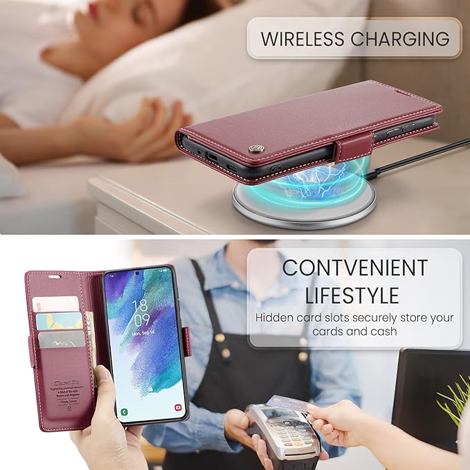 Case for Samsung Galaxy S21 FE Wallet Case, RFID Blocking PU Leather Flip Folio Cover Card Holder Kickstand Shockproof Phone Case Compatible with Samsung Galaxy S21 FE, Red