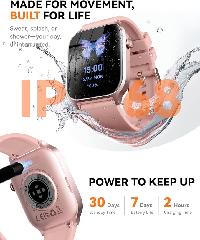 Smart Watches for Women Men, 1.85" HD Fitness Watch, Fitness Tracker with 110 Sports Modes, Step Counter/Sleep Monitor, IP68 Waterproof, Bluetooth Call & Music Control for iPhone/Android