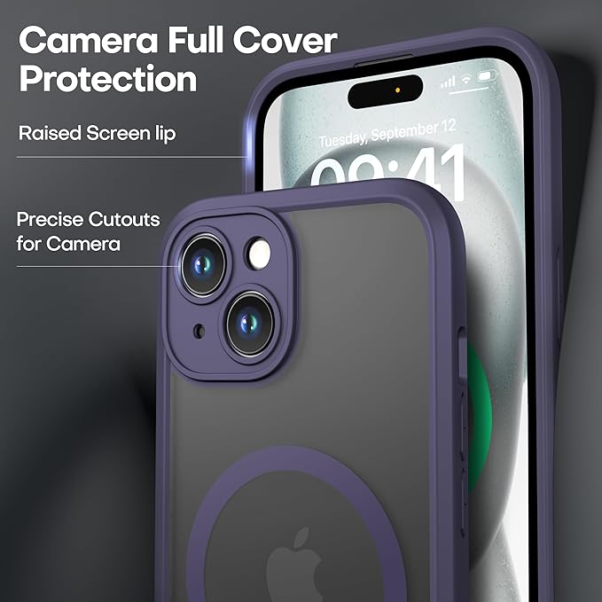 ImpactStrong Magnetic Guard Designed for iPhone 15 Case [Camera Protection] [Military Grade Drop Tested] [Compatible with MagSafe] Slim Translucent Matte Phone Case (6.1") - Deep Purple