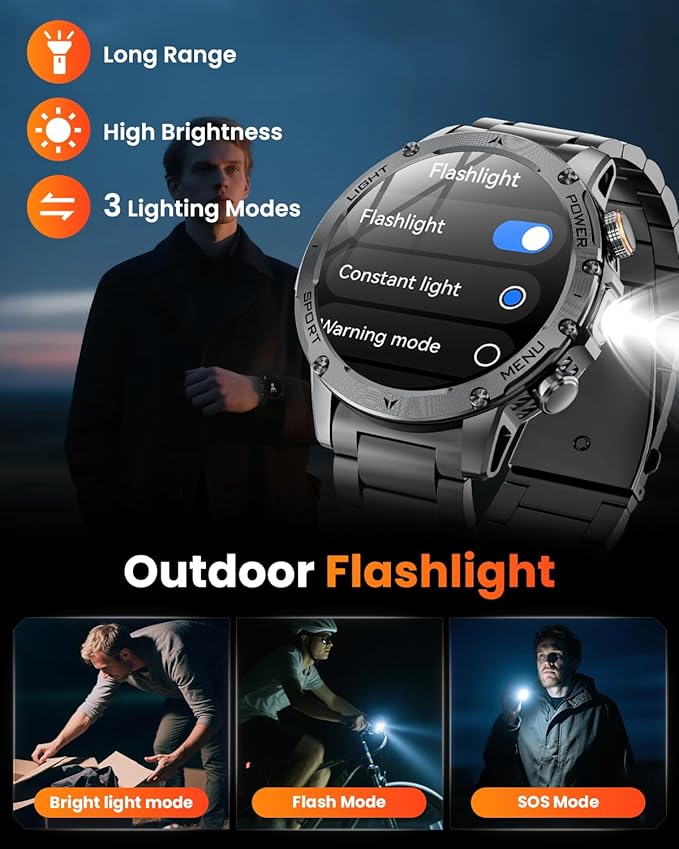 Military Smart Watches for Men, 1.7″ Smart Watch with 1000 mAh Battery, Led Flashlight, Answer/Make Calls, Heart Rate/Sleep Monitor 100+ Sport Modes Fitness Watch for Android/iPhone (2 Straps)