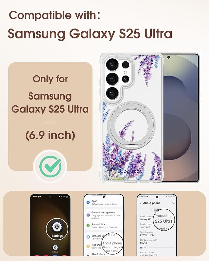 for Samsung Galaxy S25 Ultra Case with 360° Rotatable Magnetic Ring - Compatible with MagSafe, Semi-Transparent Soft-Touch Material Shockproof, Cute Purple Floral Design for Women Girl