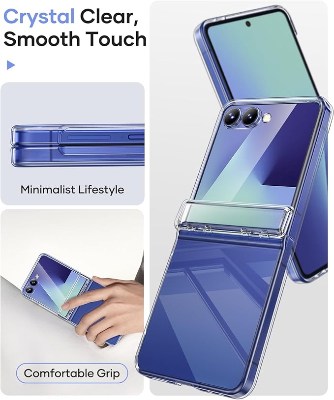 Vihibii for Samsung Galaxy Z Flip 7 Case Clear, [Non-Yellowing] & Hinge Protection & Outer Screen Protector, Compatible with Wireless Charging, Shockproof Slim Case for Samsung Z Flip 7 5G 2025, Clear