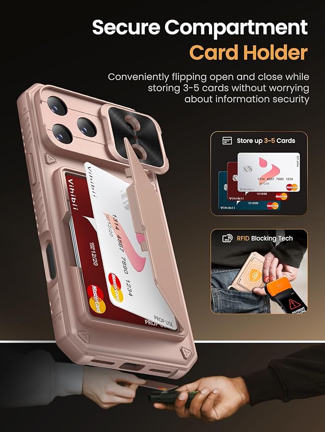 Vihibii for iPhone 17 Pro Case Wallet with Card Holder (4 Cards) [RFID Blocking] & Slide Camera Cover, Military Grade Drop Protection, Rugged Back & Silicone Edge Phone Case 6.3" 5G 2025, Rose Gold