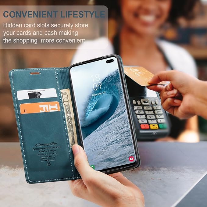 for Samsung Galaxy S10 Plus Case, Flip Wallet Leather Case with Card Holder Magnetic Closure Shockproof Kickstand Protective Phone Cases Cover for Samsung S10 Plus,Blue-Green