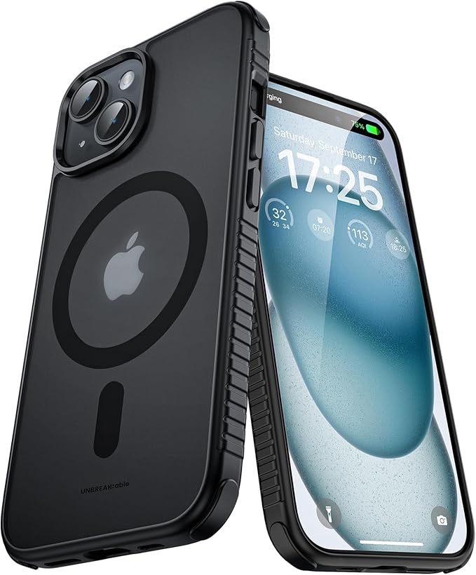 UNBREAKcable Magnetic Case for iPhone 15, [Compatible with MagSafe] [Military Grade Shockproof] [Non-Slip] Translucent Matte Back Soft Silicone Protective Case for iPhone 15, Black