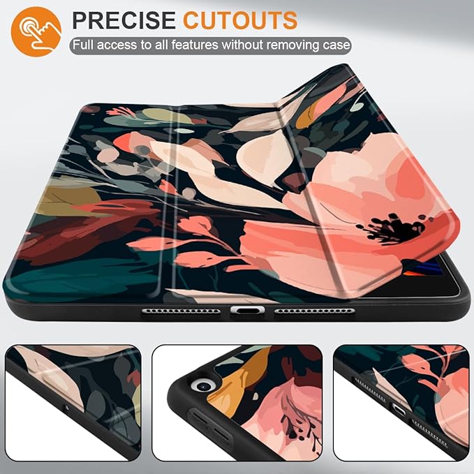 DONGKE Case Compatible with iPad 10.2 Inch 2021 2020 2019 iPad 9th/8th/7th Generation with Pencil Holder, Slim Stand Protective Case with Soft TPU Back, Auto Sleep/Wake Cover, Painted Florals