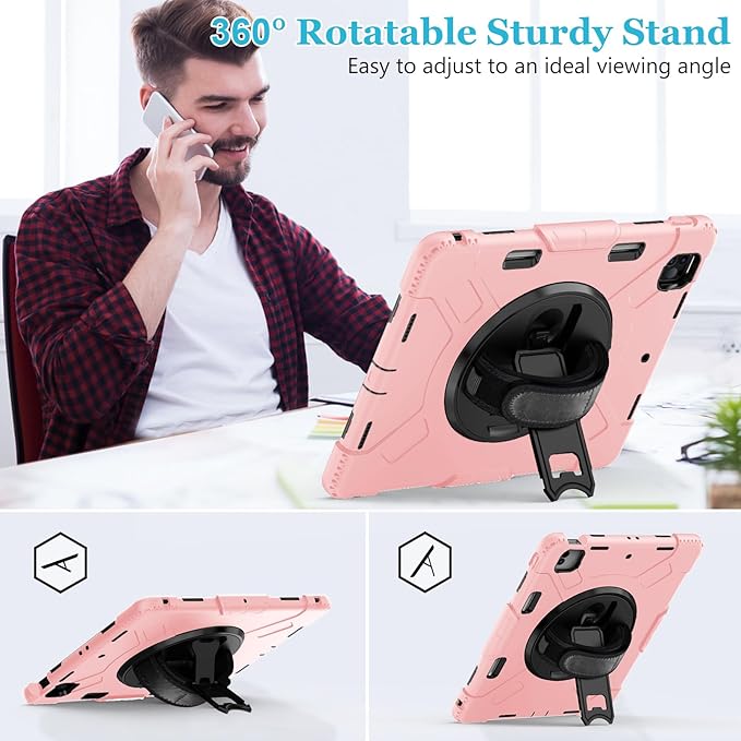Case for iPad Pro 12.9 2022/2021/ 2020/2018: Cover for iPad Pro 12.9 6th/ 5th/ 4th/ 3rd Generation with Screen Protector- Stand- Pencil Holder- Handle- Shoulder Strap Pink