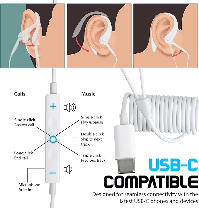 USB-C Wired Earbuds with Bendable Custom Earloops – Comfortable Fit, Sound, Compatible with Latest USB-C Phones