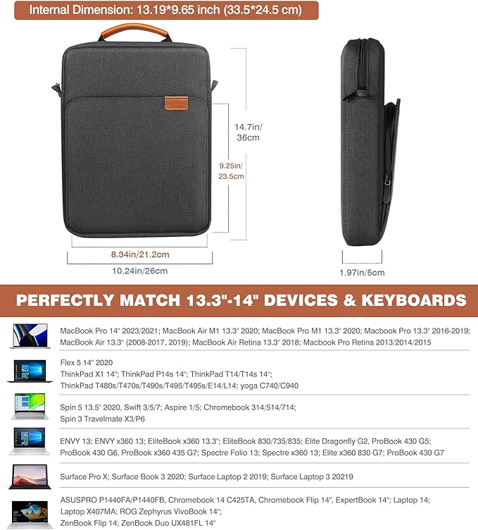 MoKo 13.3-14 Inch Laptop Sleeve Bag Fits MacBook Pro M3/M2 14" 2023, MacBook Pro 13" M2, Air 13.6 M3/M2,Tab S8 Ultra 14.6,Handle Carrying Case with Shoulder Strap, Black & Gray