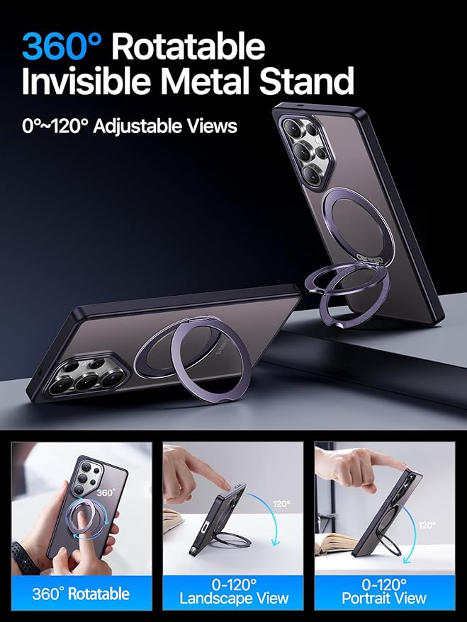 QTlier Phone case for Galaxy S24 Ultra& S25 Ultra- 360 Rotatable Magnetic Ring Stand, Military-Grade Protection, Raised Camera Frame (Purple, S25 Ultra)