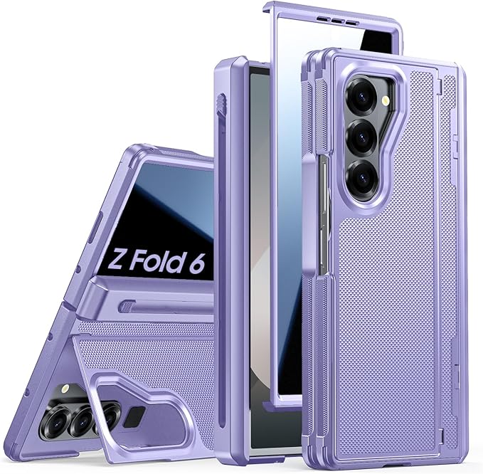for Galaxy Z Fold 6 Case, S Pen Holder & Privacy Screen Protector & Kickstand & Hinge Protection, Slim Rugged Military-Grade Shockproof Protective Phone Case for Samsung Fold 6 Case (Purple)