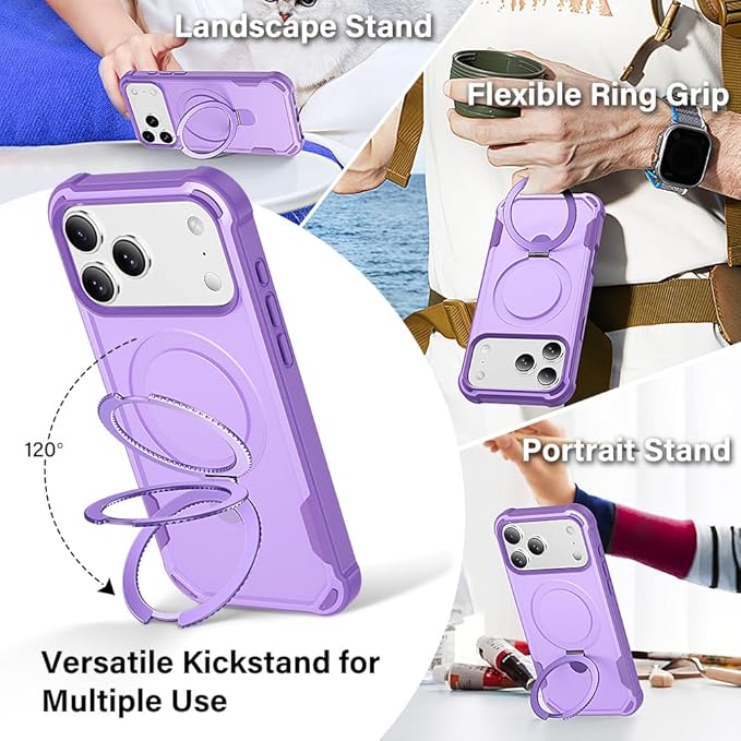 Designed for iPhone 17 Pro Max Case with Magnetic Stand [Military Drop Protection][Compatible with Magnet] Shockproof 17 Pro Max Phone Case with Ring Holder, Purple