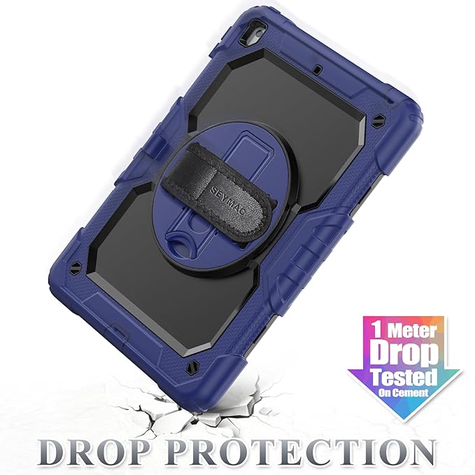 SEYMAC stock Case for iPad 9th/ 8th/ 7th Generation 10.2'', Shockproof with Screen Protector, Pencil Holder [360° Rotating Hand Strap] & Stand, for iPad 10.2 inch 2021-2019 (Navy Blue)