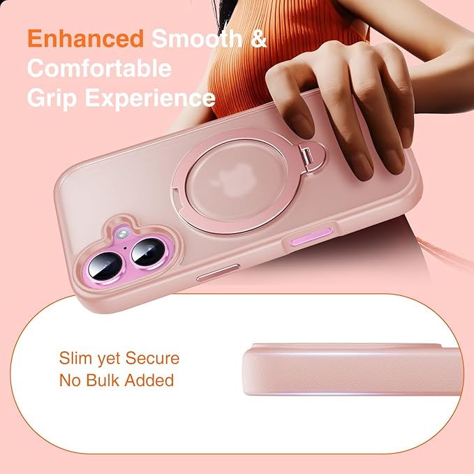 360° O-Ring MagStander for iPhone 16 Case with Magnetic Kickstand Ring Holder [Compatible with MagSafe][360°Rotate Stand Ring][Military Shockproof] Magnet iPhone 16 Phone Cover Matte Pink