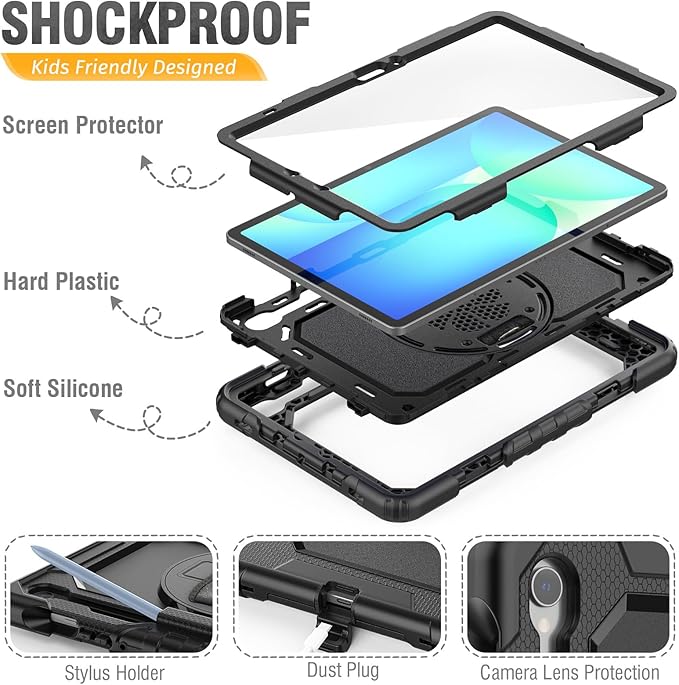HXCASEAC Case for Samsung Galaxy Tab S10 Lite / S10 FE / S9 FE 5G 10.9 inch, Shockproof Design with Screen Protector/Hand Strap/S Pen Holder, Protective Samsung Galaxy S10 Lite Tablet Case, Black