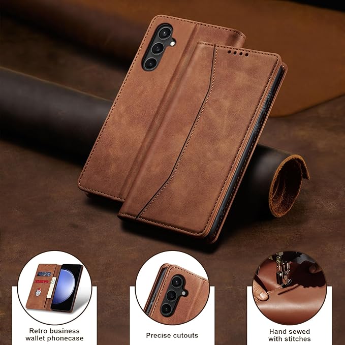 Jasonyu Flip Wallet Case for Samsung Galaxy S23 FE,Leather Magnetic Folio Cover with Card Holder,Kickstand - TPU Shockproof Durable Protective Phone Case,Brown