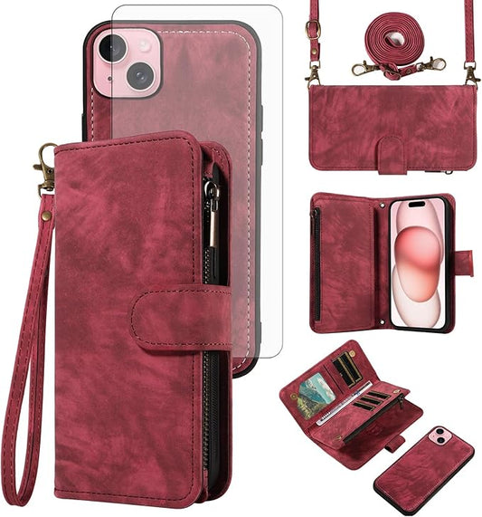 Asuwish Phone Case for iPhone 15 6.1 inch Zipper Wallet Magnetic Cell Cover with Tempered Glass Screen Protector Crossbody Strap Flip Credit Card Holder iPhone15 5G i i-Phone i15 15Case Women Red