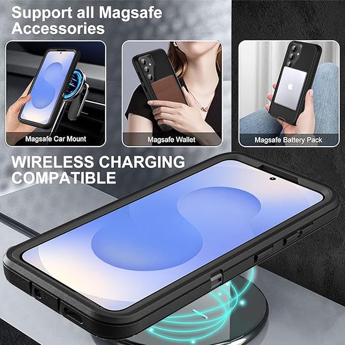 for Samsung Galaxy S25 Case, ONLY, [NOT FIT Galaxy S25 Edge/S25 Plus/S25 Ultra], Compatible with Magsafe, with 2Pcs Tempered Glass Screen Protector & Camera Lens Protector (New-Black/Black)