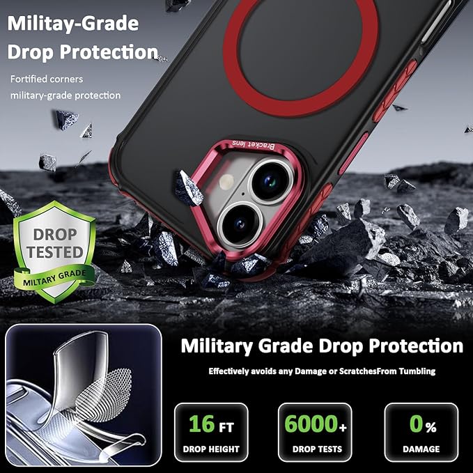 16 Case for iPhone 16 Phone 6.1 Inch, with Camera Stand [Compatible with MagSafe] Military-Grade Drop Protection Magnetic Case for iPhone 16, Red