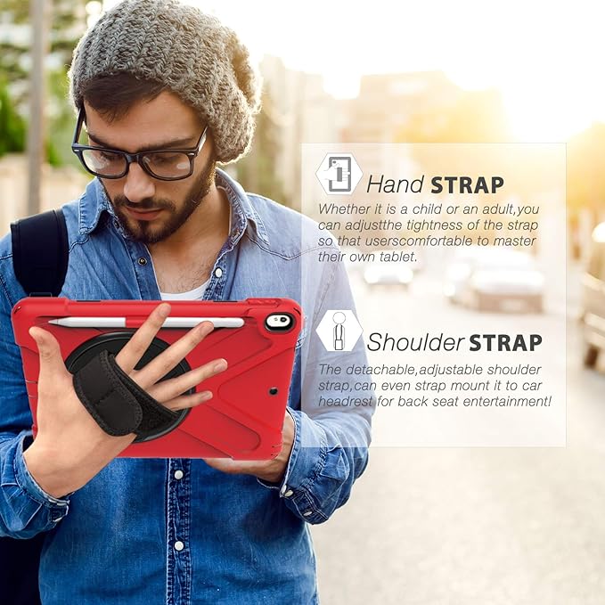 BRAECN for iPad Air 3rd Generation/Pro 10.5''Case with Pencil Holder, Kickstand/Hand Strap & Shoulder Strap,Heavy Duty Protection Childproof Silicone Kids Case for iPad AIir 3 2019/Pro 10.5 inch-Red