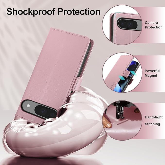 Wallet Flip Case for Google Pixel 9/9 Pro - [RFID Blocking] Luxury PU Leather Card Holder Magnetic Phone Cover with Kickstand,Shockproof Protective Case,Pink