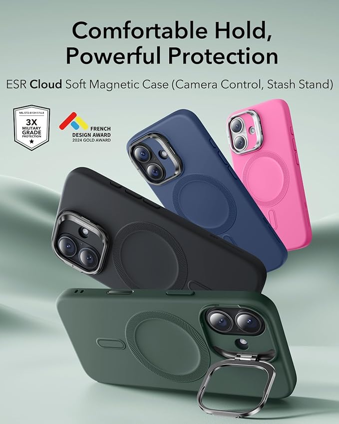 ESR Silicone Case for iPhone 17, Built-in Camera Stash Stand Compatible with MagSafe, Military-Grade Drop Protection Magnetic Phone Case for iPhone 17, Cloud Series, Olive Green