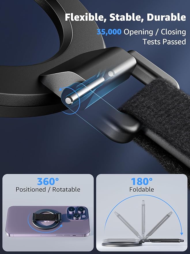 SUPERONE for MagSafe Phone Grip with Finger Strap, Removable Magnetic Ring Holder with Kickstand Finger Loop, MagSafe Accessories for iPhone 17/16/15/14/13/12 Series, Black