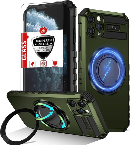 for iPhone 11 Pro Max Case Magnetic Compatible with Wireless Charging,11 Pro Max Case with 2 Screen Protector,Built-in Kickstand Ring Military Grade Drop Shockproof Heavy Duty Protection Green