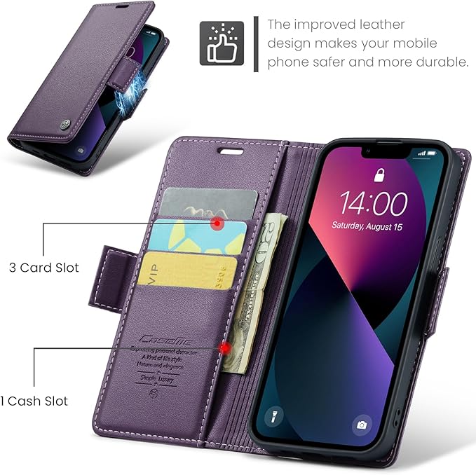 for iPhone 14 Case, Premium PU Leather Wallet Case Flip Cover with [RFID Blocking][Card Holder][Stand Function] Shockproof Protective for iPhone 14 6.1 inch, Purple