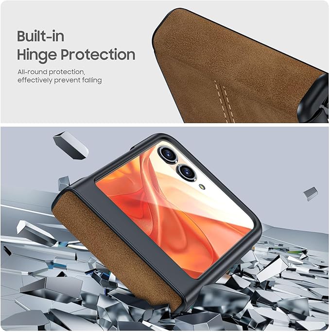 for Motorola Razr 2024 Case/Razr 2025 Case, Built-in Screen Protector & Hinge Protection & Ultra Thin PU Leather Matte PC Shockproof Phone Cover Smartphone Case for Moto Razr 2024/2025(Brown)