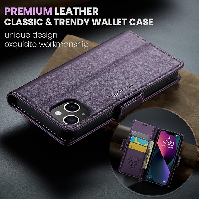 for iPhone 13 Case, Premium PU Leather Wallet Case Flip Cover with [RFID Blocking][Card Holder][Stand Function] Shockproof Protective for iPhone 13 6.1 inch, Purple