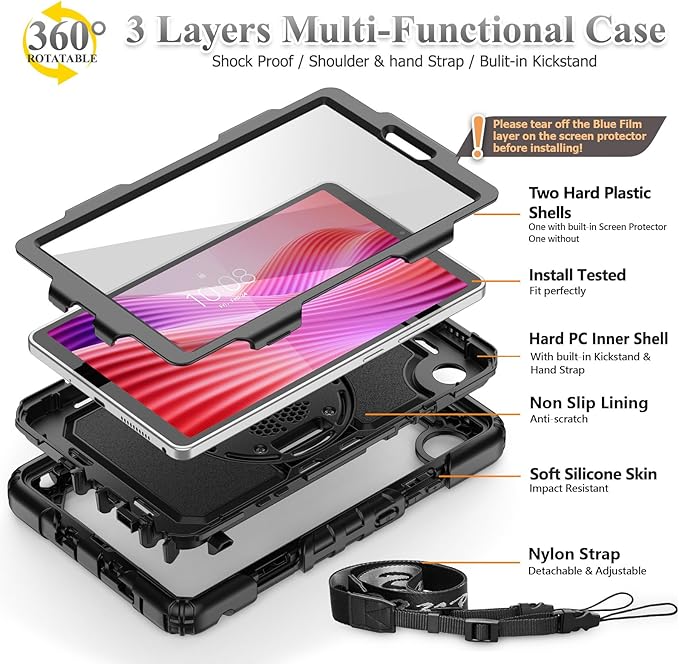 SEYMAC stock Tablet Case for Lenovo Tab One (TB305FU) 8.7 inch Drop-Proof Protection Cover with 360° Rotate Stand & Strap [Pen Holder] & Screen Protector/K9 2025, Black