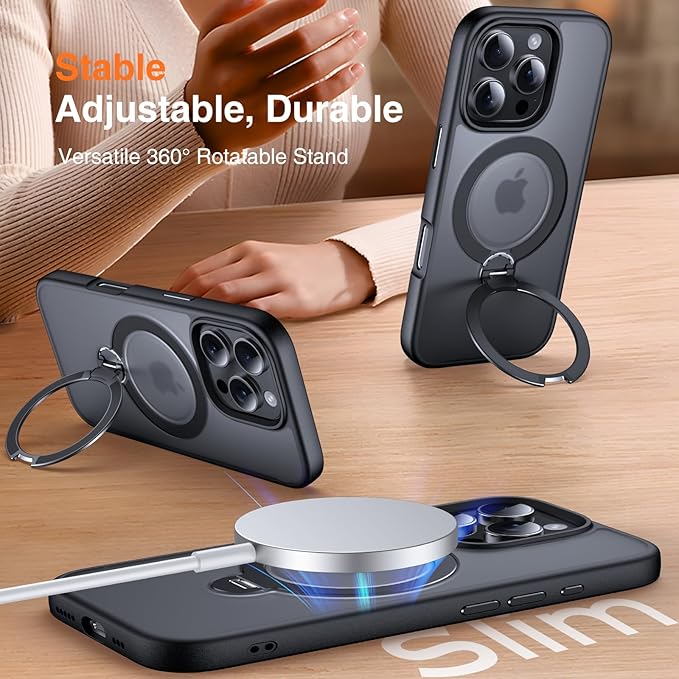 360° O-Ring MagStander for iPhone 15 Pro Case with Magnetic Kickstand Ring Holder [Compatible with MagSafe][360°Rotate Stand Ring][Military Shockproof] iPhone 15 Pro Phone Cover Matte Black