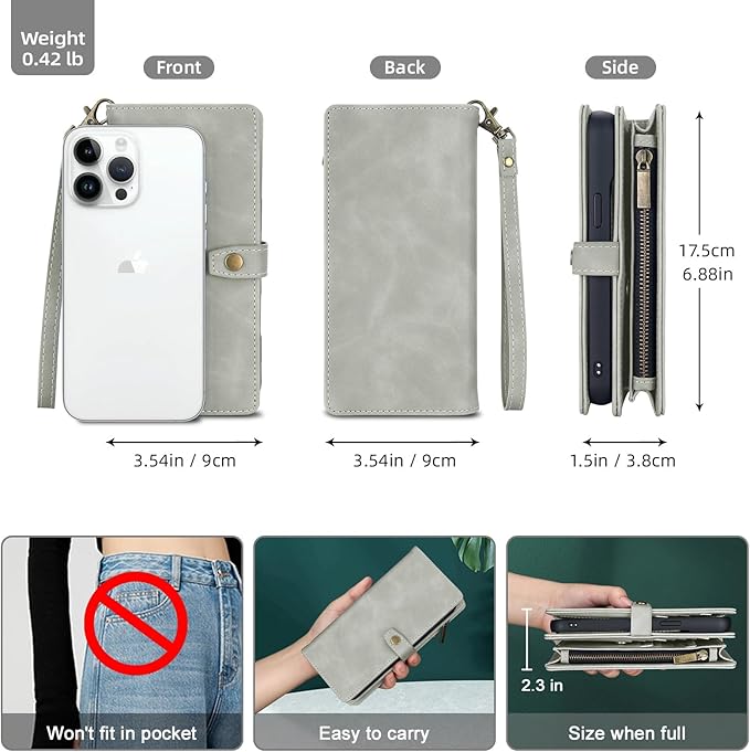 TwoHead Wallet Case Compatible with iPhone 15 Pro Max,Detachable Magnetic Phone Case,All-Round Shockproof Protective Leather Phone Case with Card Holder,6.7 in,Gray